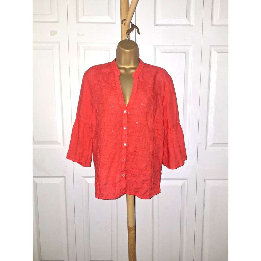120% Lino Linen Button Top EU 44 Size 14 Coral V Neck Flare Sleeve Clear Sequins